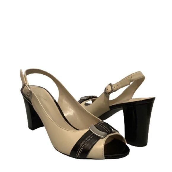 NATURALIZER PEEP‎ TOE SLINGBACK BLACK AND CREAM LEATHER HEELS SIZE 9 NWOT - Picture 1 of 9